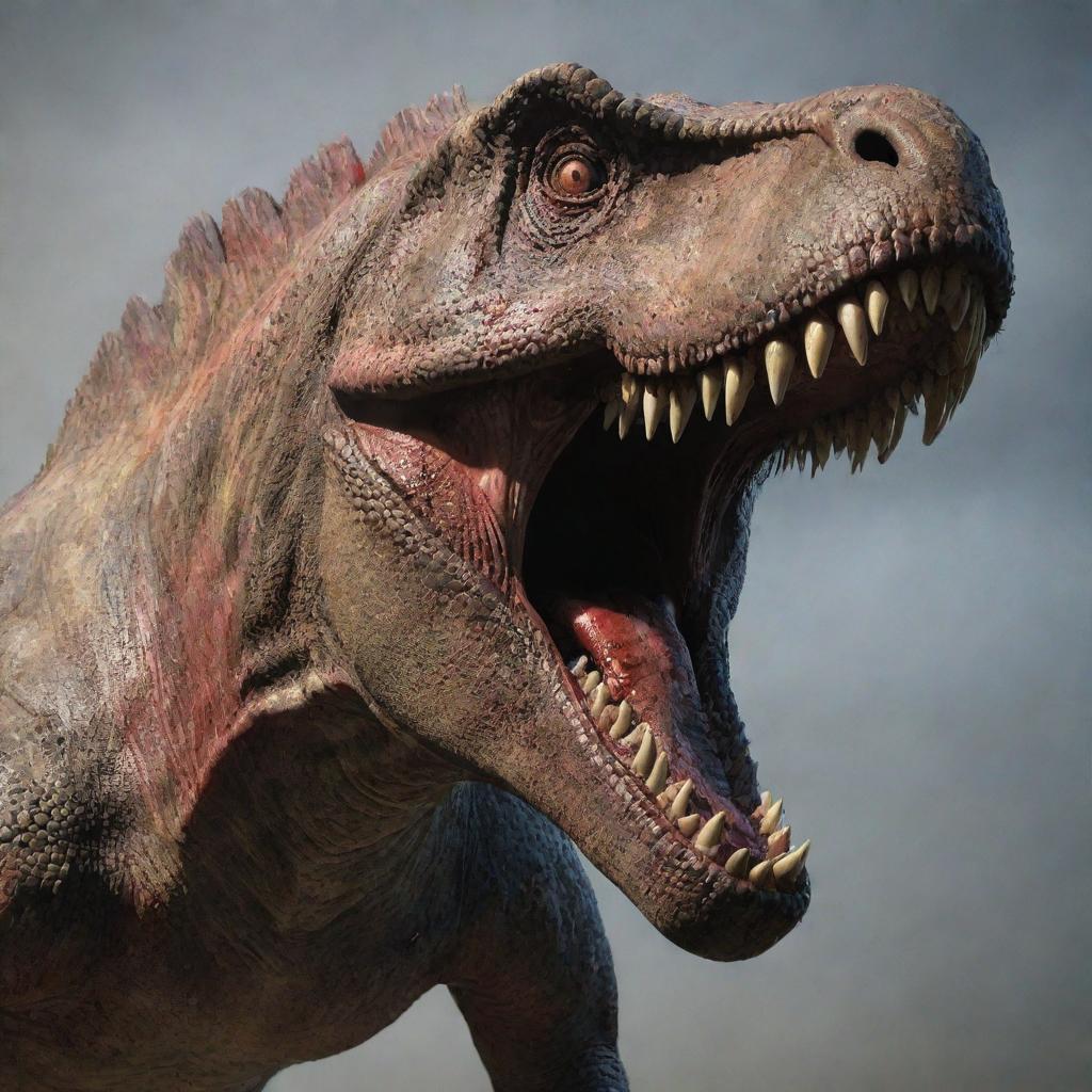 A frightful image of a massive dinosaur showcasing its fierce, blood-stained teeth