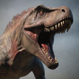 A frightful image of a massive dinosaur showcasing its fierce, blood-stained teeth