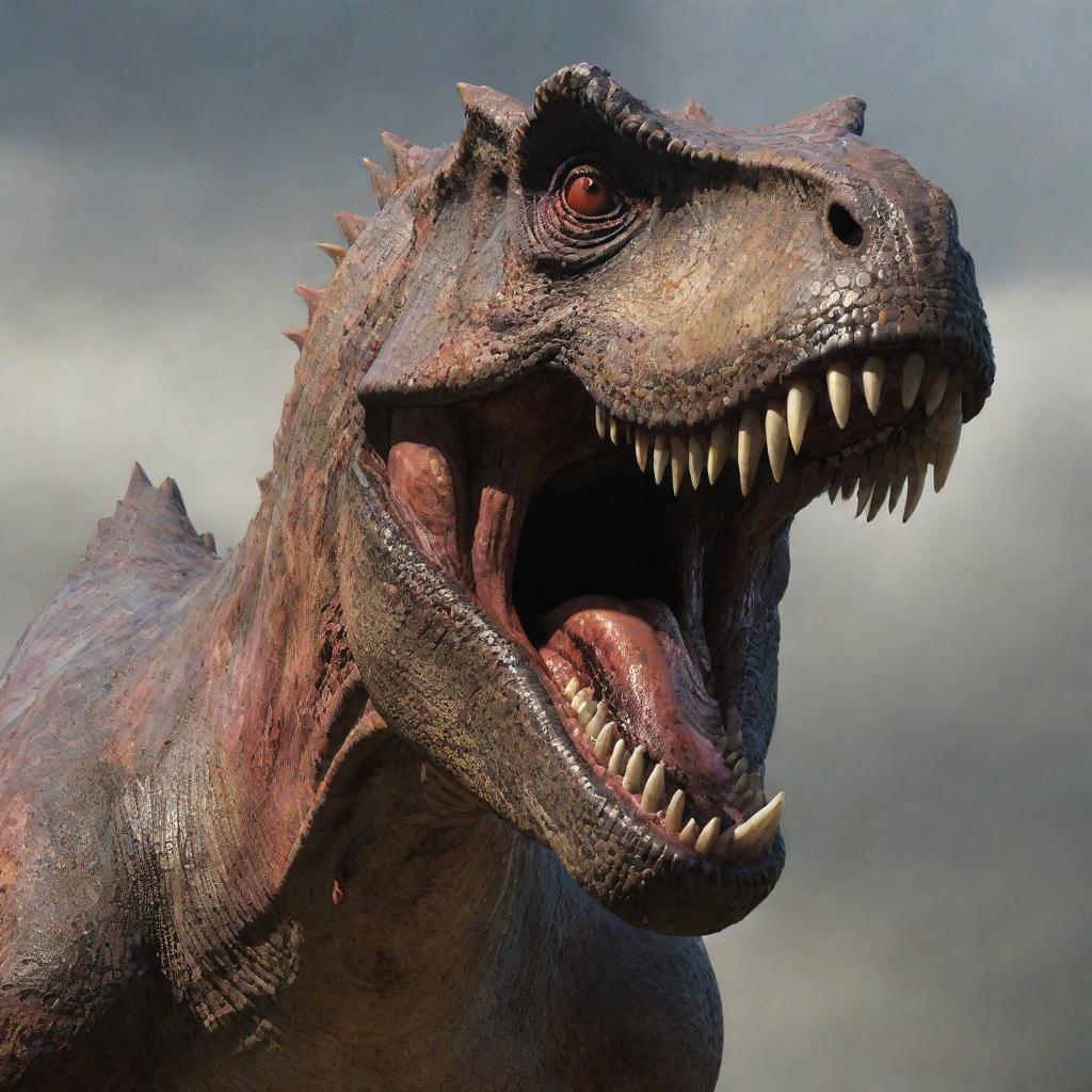 A frightful image of a massive dinosaur showcasing its fierce, blood-stained teeth