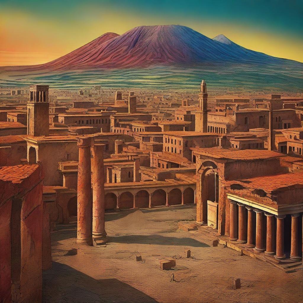 A digital art depiction of the ancient city of Pompeii, showcasing its architectural glory with vibrant colors and detailed textures