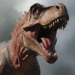 A frightful image of a massive dinosaur showcasing its fierce, blood-stained teeth