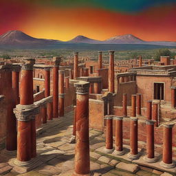 A digital art depiction of the ancient city of Pompeii, showcasing its architectural glory with vibrant colors and detailed textures