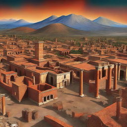 A digital art depiction of the ancient city of Pompeii, showcasing its architectural glory with vibrant colors and detailed textures