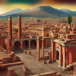 A digital art depiction of the ancient city of Pompeii, showcasing its architectural glory with vibrant colors and detailed textures