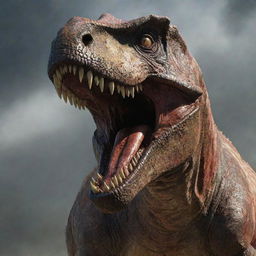 A frightful image of a massive dinosaur showcasing its fierce, blood-stained teeth