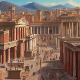 The digital art image of the ancient city of Pompeii is bustling with life, filled with citizens engaging in various activities