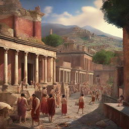 The digital art image of the ancient city of Pompeii is bustling with life, filled with citizens engaging in various activities