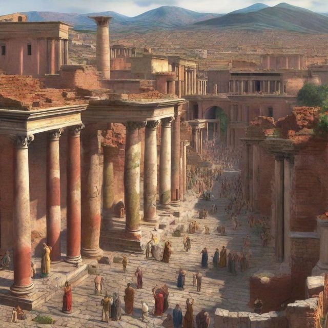 The digital art image of the ancient city of Pompeii is bustling with life, filled with citizens engaging in various activities