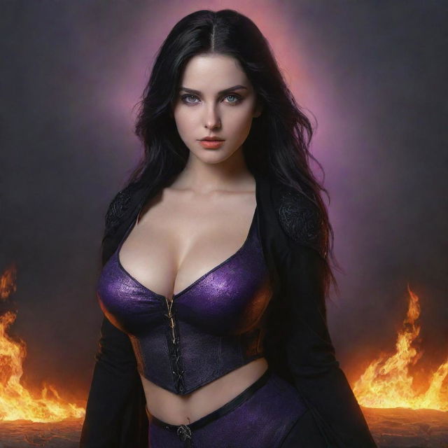 medieval beatifull, bigb boobs, sexy full body, black hair girl with purple eyes with fire aura behind, 23 years old, she is a piro controler, black clothes, sexy, piromancer, in ocation place, charmOfTheRealm, digital realist art, high detailed