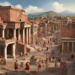 The digital art image of the ancient city of Pompeii is bustling with life, filled with citizens engaging in various activities