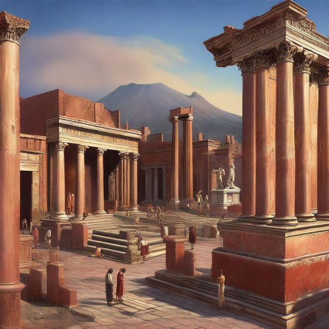 This digital art depicts the ancient city of Pompeii bustling with life, where citizens are seen venerating a grand statue