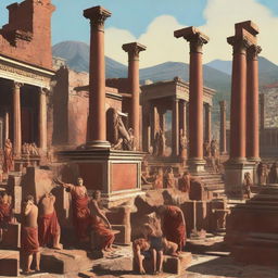 This digital art depicts the ancient city of Pompeii bustling with life, where citizens are seen venerating a grand statue