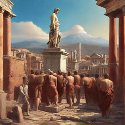 This digital art depicts the ancient city of Pompeii bustling with life, where citizens are seen venerating a grand statue