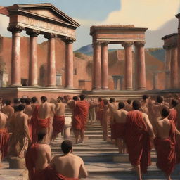 This digital art depicts the ancient city of Pompeii bustling with life, where citizens are seen venerating a grand statue