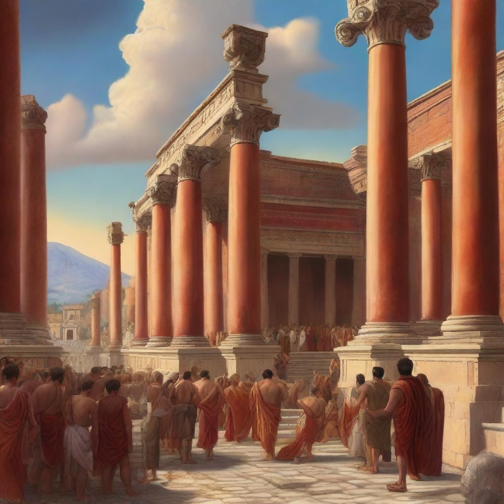 A high-quality digital art piece portrays the ancient city of Pompeii, brimming with citizens, as a messenger named Luth arrives