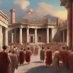 A high-quality digital art piece portrays the ancient city of Pompeii, brimming with citizens, as a messenger named Luth arrives