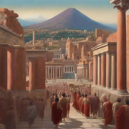 A high-quality digital art piece portrays the ancient city of Pompeii, brimming with citizens, as a messenger named Luth arrives