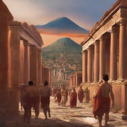 A high-quality digital art piece portrays the ancient city of Pompeii, brimming with citizens, as a messenger named Luth arrives