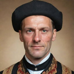 A character portrait of a typical German man, dressed in traditional clothing, with distinct facial features