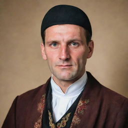 A character portrait of a typical German man, dressed in traditional clothing, with distinct facial features