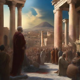 The digital art image showcases Prophet Luth in the midst of the bustling ancient city of Pompeii, preaching to the citizens