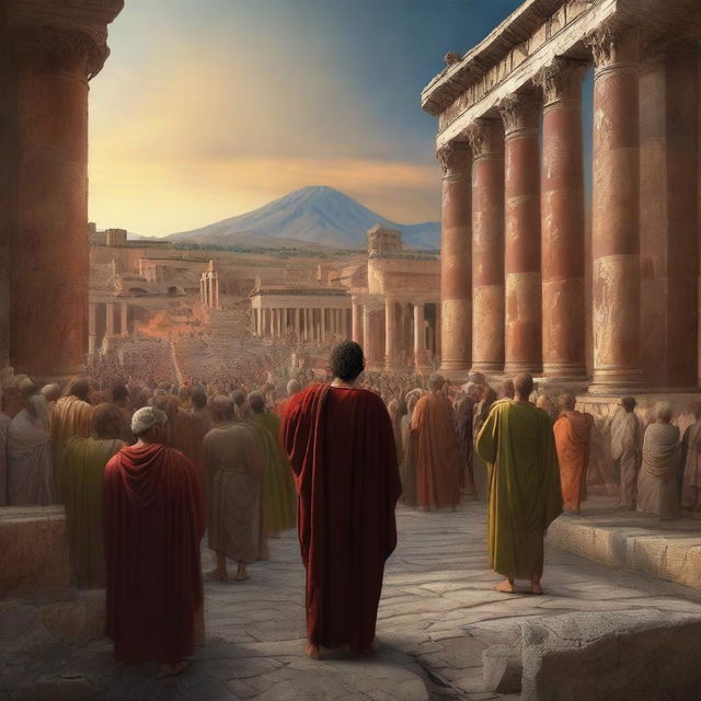 The digital art image showcases Prophet Luth in the midst of the bustling ancient city of Pompeii, preaching to the citizens