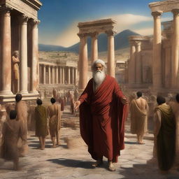 The digital art image showcases Prophet Luth in the midst of the bustling ancient city of Pompeii, preaching to the citizens