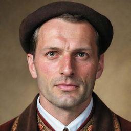 A character portrait of a typical German man, dressed in traditional clothing, with distinct facial features