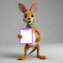 Create a 2D kangaroo mascot vivid with vibrant colors and expressive eyes. This kangaroo, lively through dynamic hopping movements, holds a clipboard in its pouch for tier lists, serving as an enjoyable guide through reactions and tier lists.