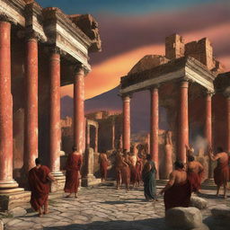 The digital art image now portrays a tense scene in the ancient city of Pompeii