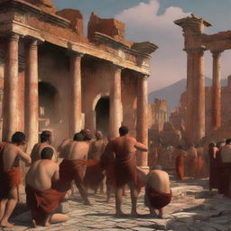 The digital art image now portrays a tense scene in the ancient city of Pompeii