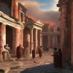 The digital art image now portrays a tense scene in the ancient city of Pompeii