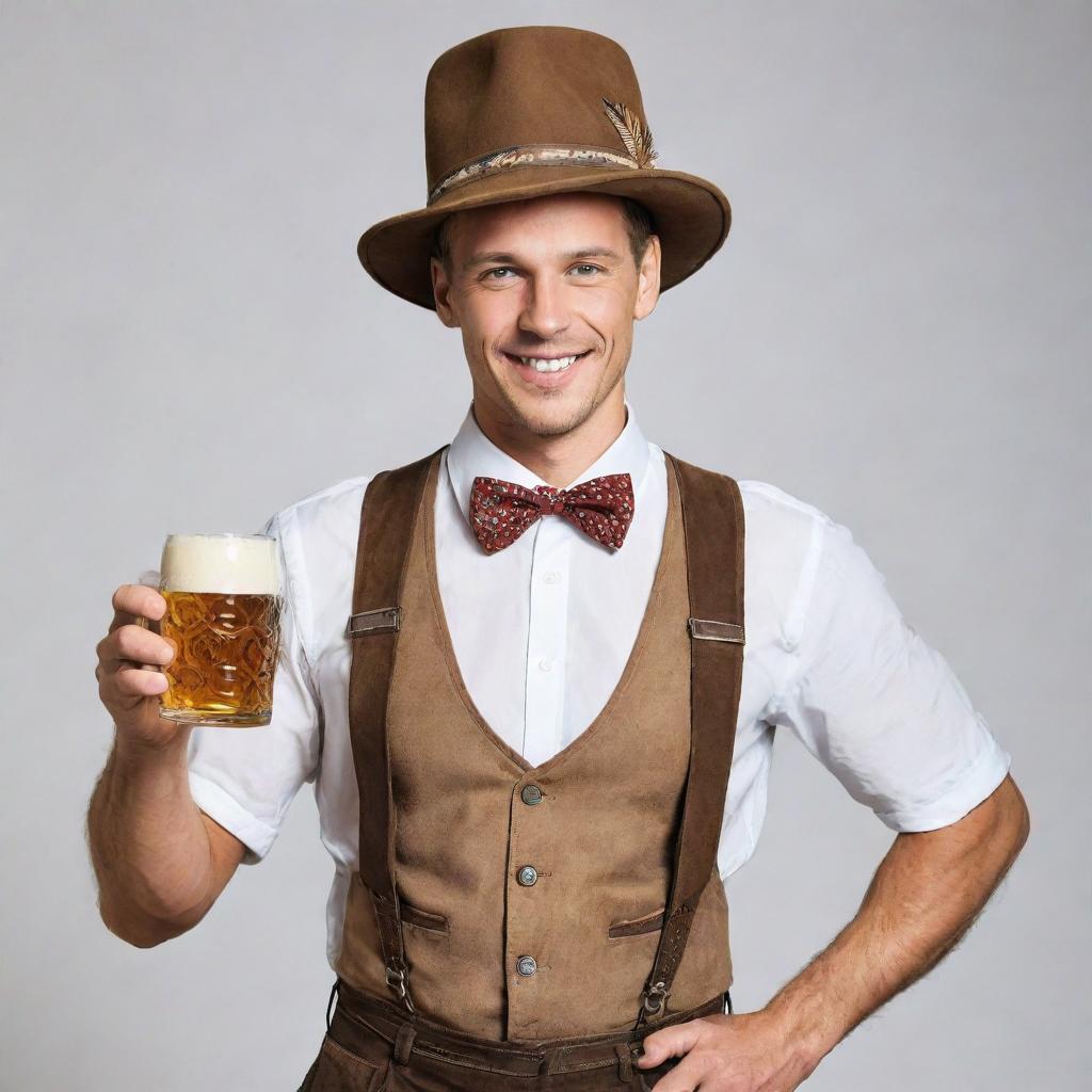 Enhance the previous image by amplifying the German characteristics, including clothing like lederhosen, accessories such as beer stein and classic elements like a feathered hat