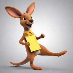 Create a 2D kangaroo mascot vivid with vibrant colors and expressive eyes. This kangaroo, lively through dynamic hopping movements, holds a clipboard in its pouch for tier lists, serving as an enjoyable guide through reactions and tier lists.