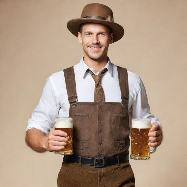 Enhance the previous image by amplifying the German characteristics, including clothing like lederhosen, accessories such as beer stein and classic elements like a feathered hat