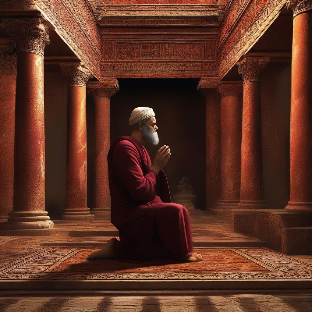 A high-quality digital art piece depicts Prophet Luth in his home in the ancient city of Pompeii, praying to Allah SWT with his hands raised during the night