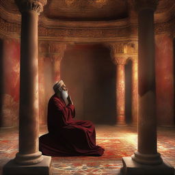 A high-quality digital art piece depicts Prophet Luth in his home in the ancient city of Pompeii, praying to Allah SWT with his hands raised during the night