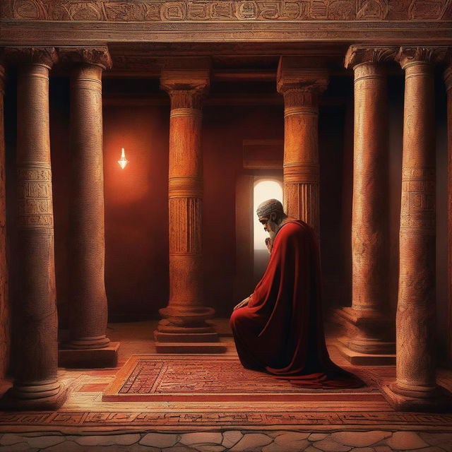 A high-quality digital art piece depicts Prophet Luth in his home in the ancient city of Pompeii, praying to Allah SWT with his hands raised during the night