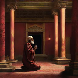 A high-quality digital art piece depicts Prophet Luth in his home in the ancient city of Pompeii, praying to Allah SWT with his hands raised during the night