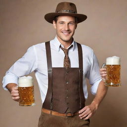 Enhance the previous image by amplifying the German characteristics, including clothing like lederhosen, accessories such as beer stein and classic elements like a feathered hat