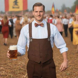 Intensify the German elements in the previous image: deepen his traditional attire, enrich the surrounding with Oktoberfest elements, and increase the representation of German culture