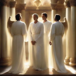 An exquisite digital art image captures the moment when three handsome men, revealed to be angels, arrive at Prophet Luth's home