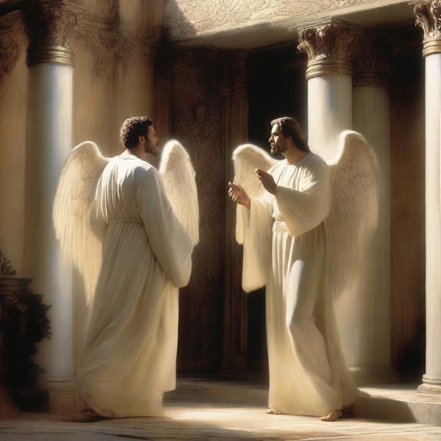 An exquisite digital art image captures the moment when three handsome men, revealed to be angels, arrive at Prophet Luth's home