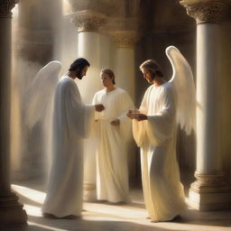 An exquisite digital art image captures the moment when three handsome men, revealed to be angels, arrive at Prophet Luth's home