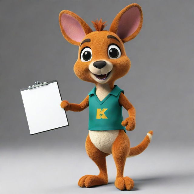 Design a 2D vibrant-colored kangaroo mascot with expressive eyes and a sharp look. It holds a clipboard in its pouch for tier lists, its dynamic movements and joyful hops turn every video into an adventure, guiding the audience through the world of reactions and tier lists.