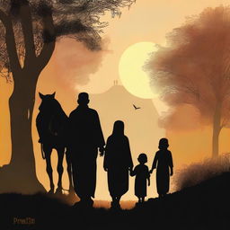 A high-quality digital art image portrays Prophet Luth and his family leaving their home at dawn