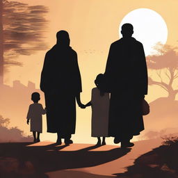 A high-quality digital art image portrays Prophet Luth and his family leaving their home at dawn