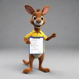 Design a 2D vibrant-colored kangaroo mascot with expressive eyes and a sharp look. It holds a clipboard in its pouch for tier lists, its dynamic movements and joyful hops turn every video into an adventure, guiding the audience through the world of reactions and tier lists.