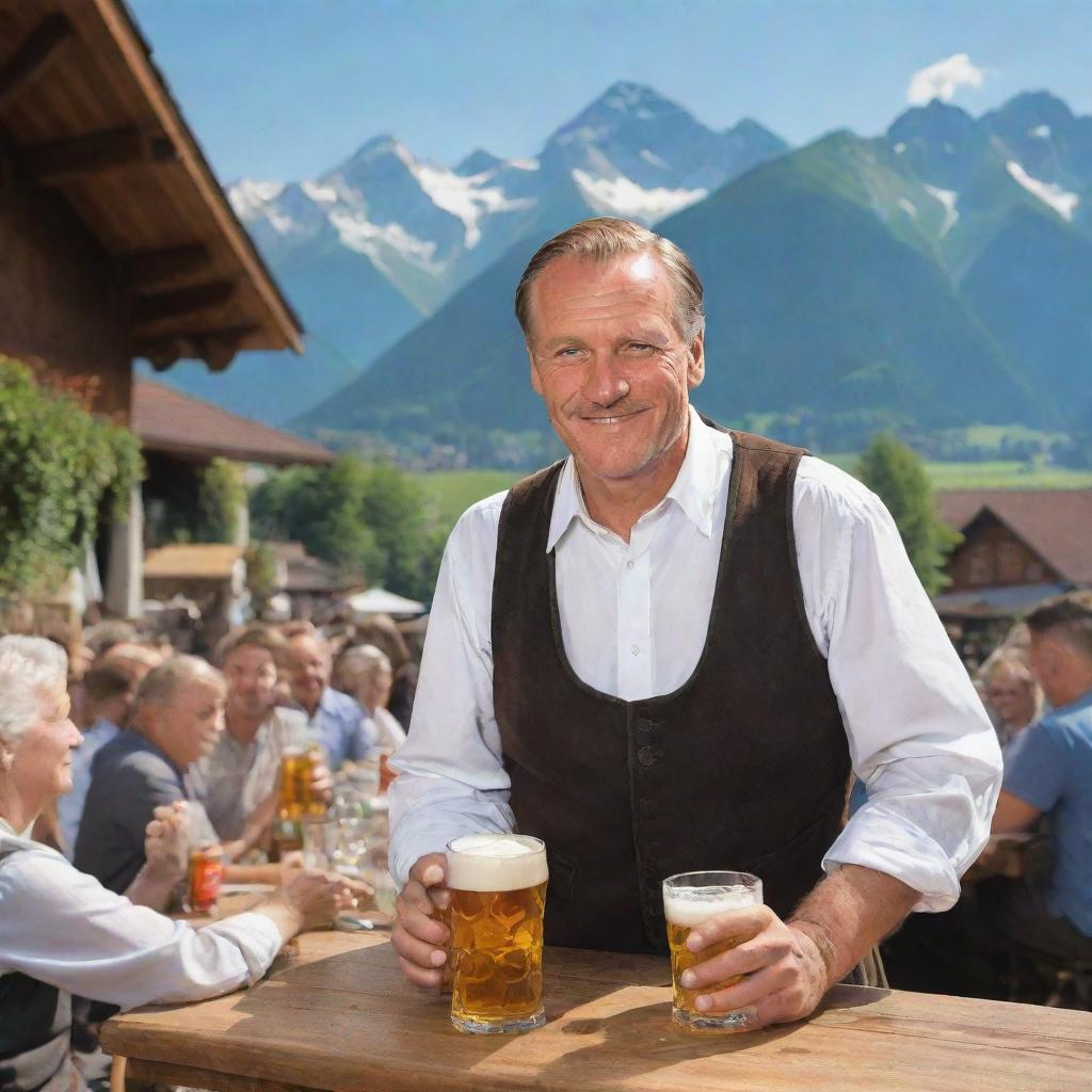 Maximize the German authenticity in the previous image, picturing a quintessential German scene with the man in full traditional garb, in a busy beer garden set against a backdrop of the Alps