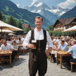 Maximize the German authenticity in the previous image, picturing a quintessential German scene with the man in full traditional garb, in a busy beer garden set against a backdrop of the Alps
